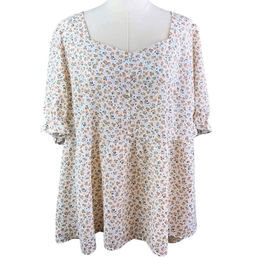 Agnes Orinda Floral Babydoll Top White Peach Button Front Short Sleeve‎ 3X